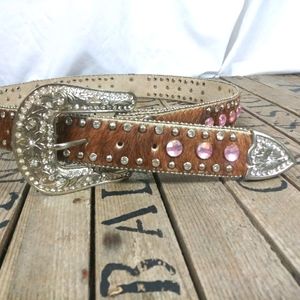 Brown Hair on Belt w Pink Crosses & Bling